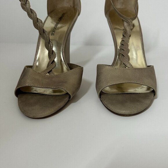 Audrey Brooke Paige Rhinestone Wedge Braided T-Strap Sandals in Gold - Size 10 - Picture 4 of 10